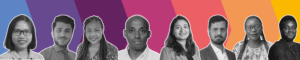 Several researchers from the Global South, in black and white, across a colourful background.