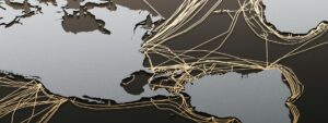 A cropped image of a map, black on grey, with links across different locations to display interconnectedness