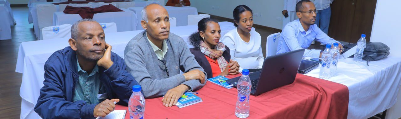 A group of Ethiopian workshop participants sitting at a table, looking forward at their facilitator